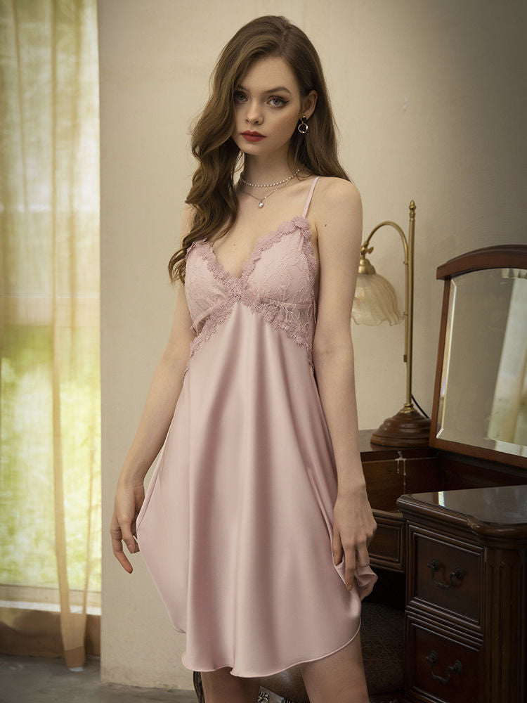 Lace & Mesh Crisscross Back Satin Chemise