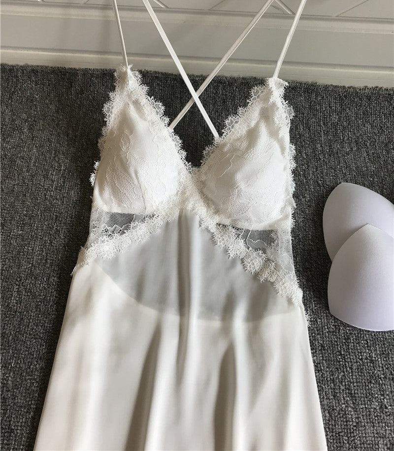 Lace & Mesh Crisscross Back Satin Chemise