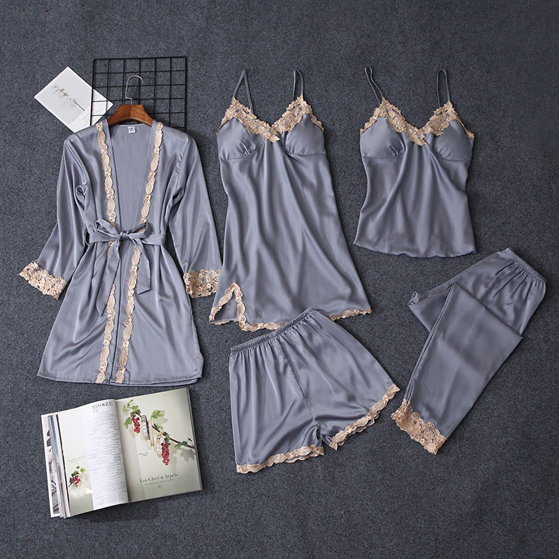 Satin Guipure Lace Trim Chemise & Cami 5-Pieces Set with Bra Insert