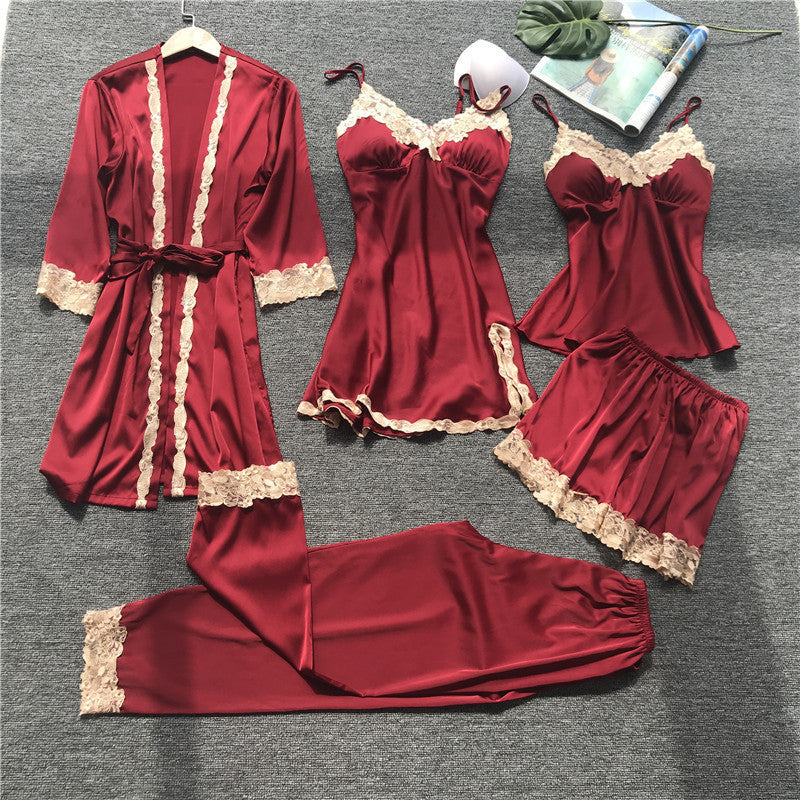 Satin Guipure Lace Trim Chemise & Cami 5-Pieces Set with Bra Insert