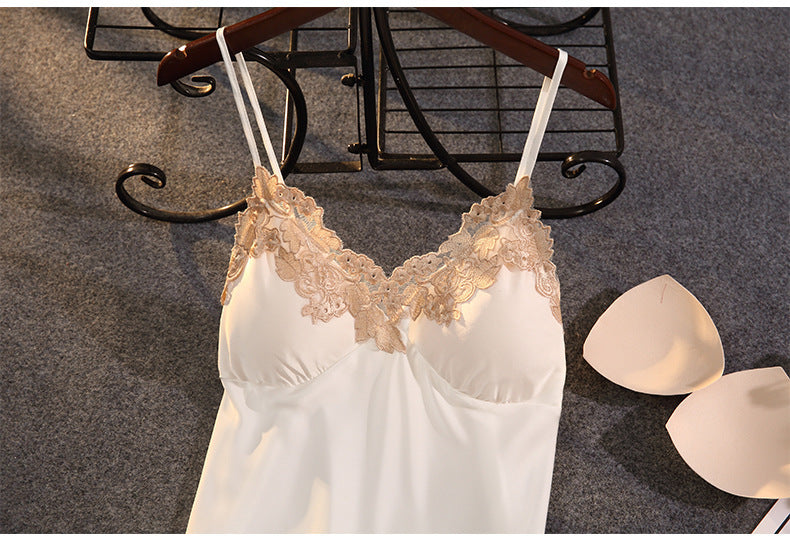 Embroidery Lace Trim Side Slit Satin Bra-In Chemise