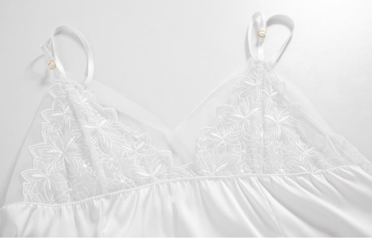 Bow-Embellished Side Slit Satin Chemise & Thong