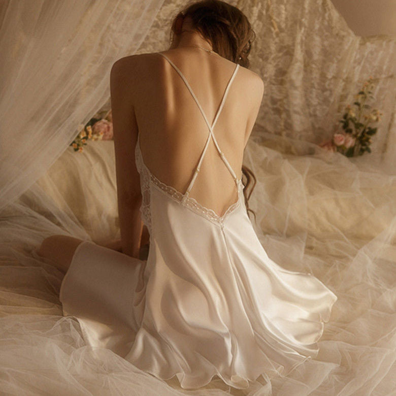 Solid Lace Detail Satin Nightdress & Thong