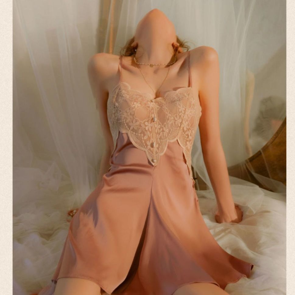 Solid Lace Detail Satin Nightdress & Thong
