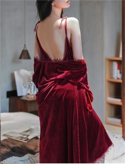 Velvet Backless Midi Nightgown with Robe 2-Piece Set