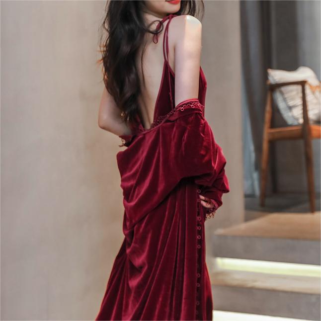 Velvet Backless Midi Nightgown with Robe 2-Piece Set