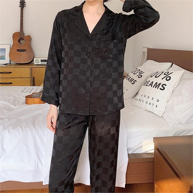 Checkered Jacquard Satin Long Pajama Set