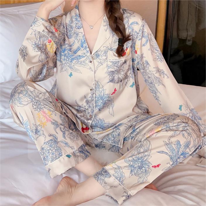 Satin Flower & Plant Print Pajama Set