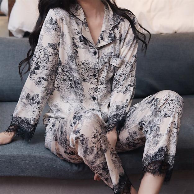 Silky Lace Trim Long Pajama Set
