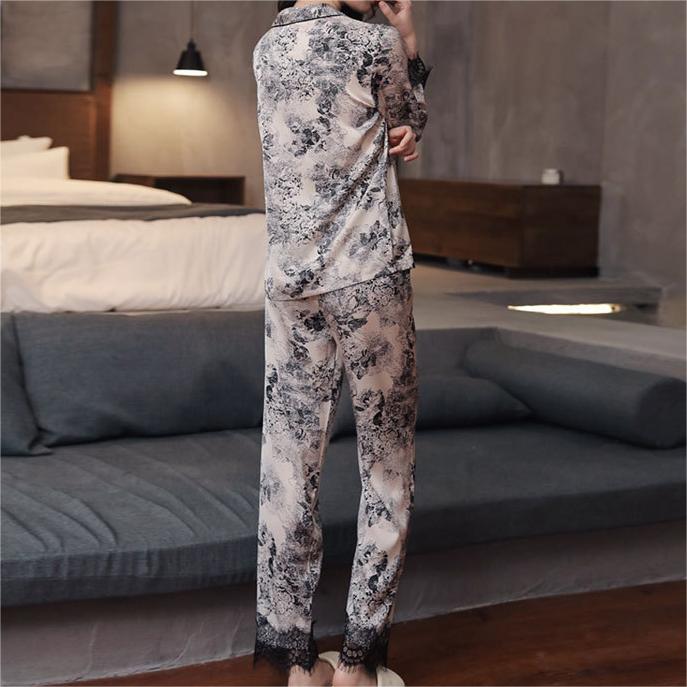 Silky Lace Trim Long Pajama Set