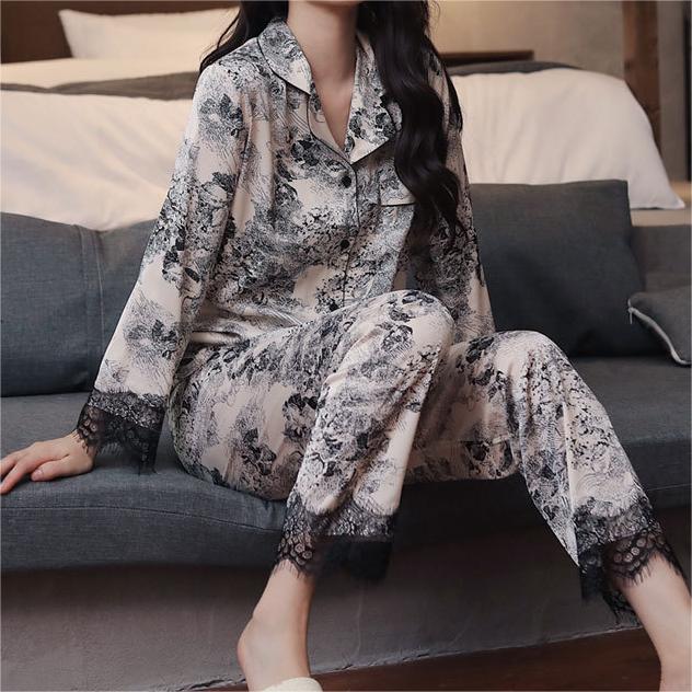 Silky Lace Trim Long Pajama Set