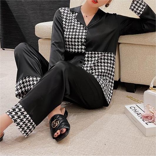 Stylish Satin Houndstooth Pajama Leisurewear