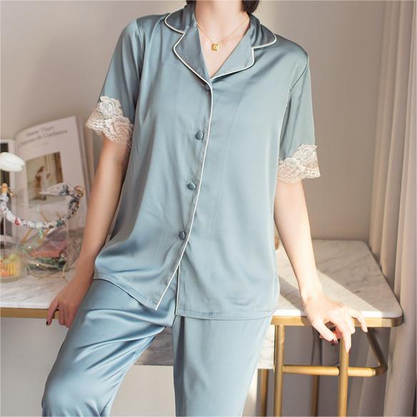 Satin Eyelash Lace Trim Short Sleeve Pajama Set