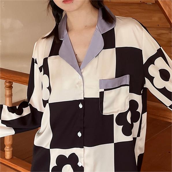Satin Contrast Collar Long Pajama Set