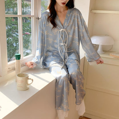 Tie Front Lace Trim Bamboo Print Long Pajama Set