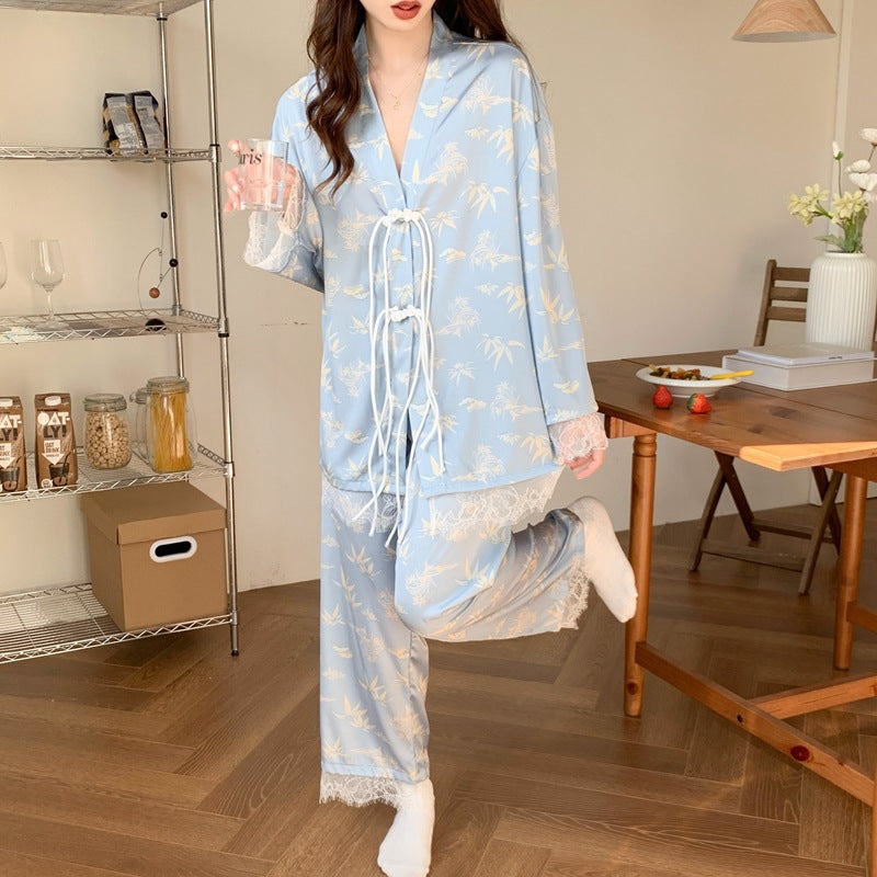 Tie Front Lace Trim Bamboo Print Long Pajama Set