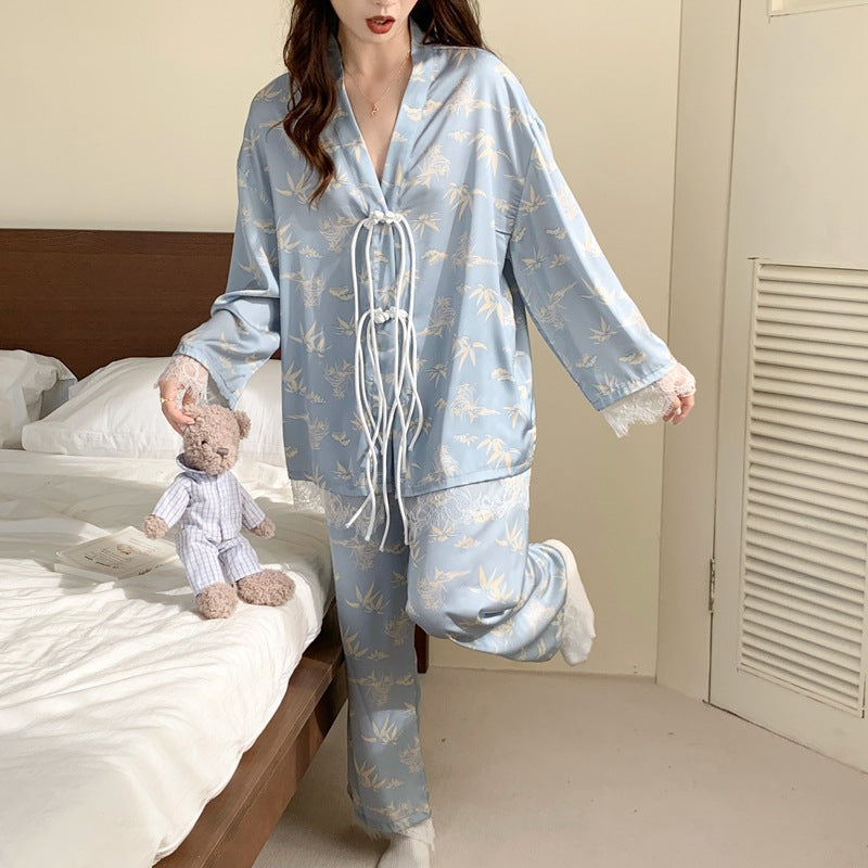 Tie Front Lace Trim Bamboo Print Long Pajama Set