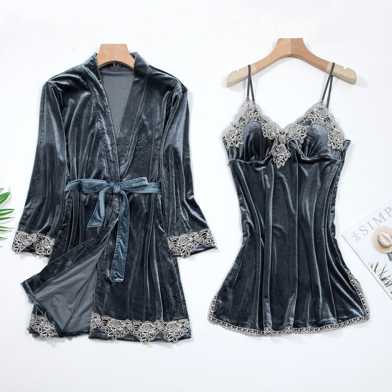 Lace Trim Satin Slip Dress & Robe Pajama Set