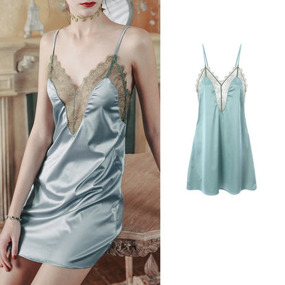 Deep V-Neck Lace Trim Silky Chemise