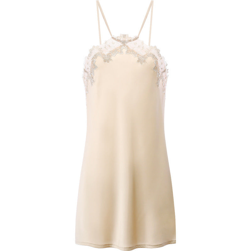 Silky Halterneck Floral Lace Champane Slip