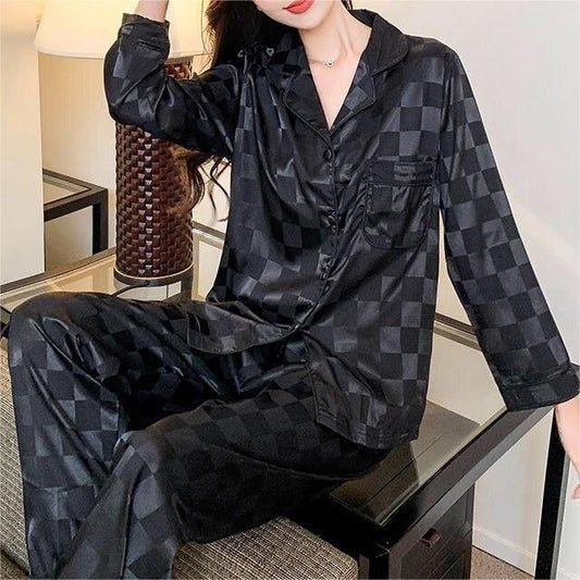 Checkered Jacquard Satin Long Pajama Set