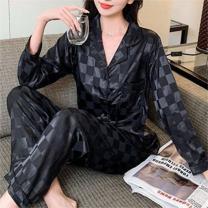 Checkered Jacquard Satin Long Pajama Set