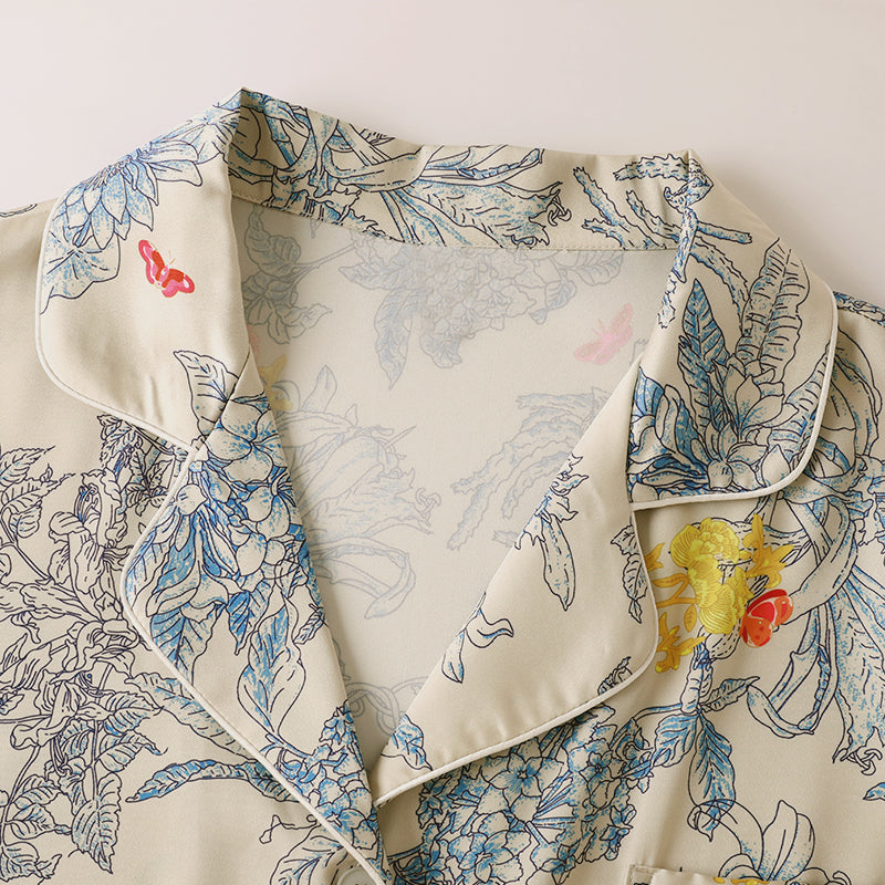 Satin Flower & Plant Print Pajama Set