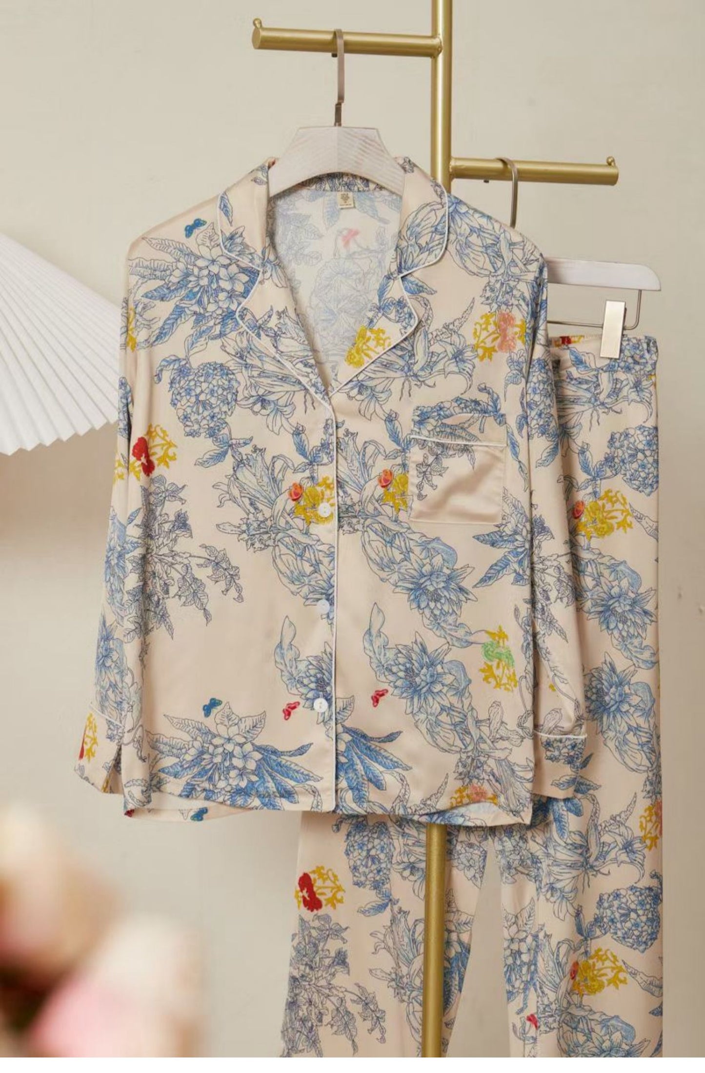 Satin Flower & Plant Print Pajama Set