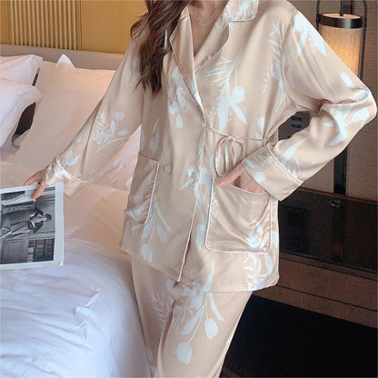 Satin Floral Print Tie Front Pajama Set