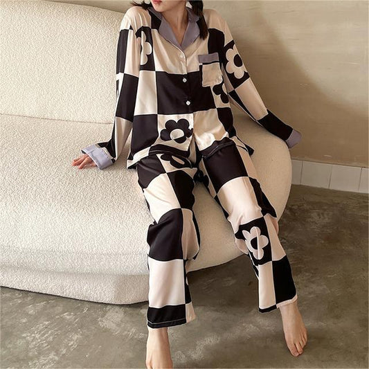 Satin Contrast Collar Long Pajama Set